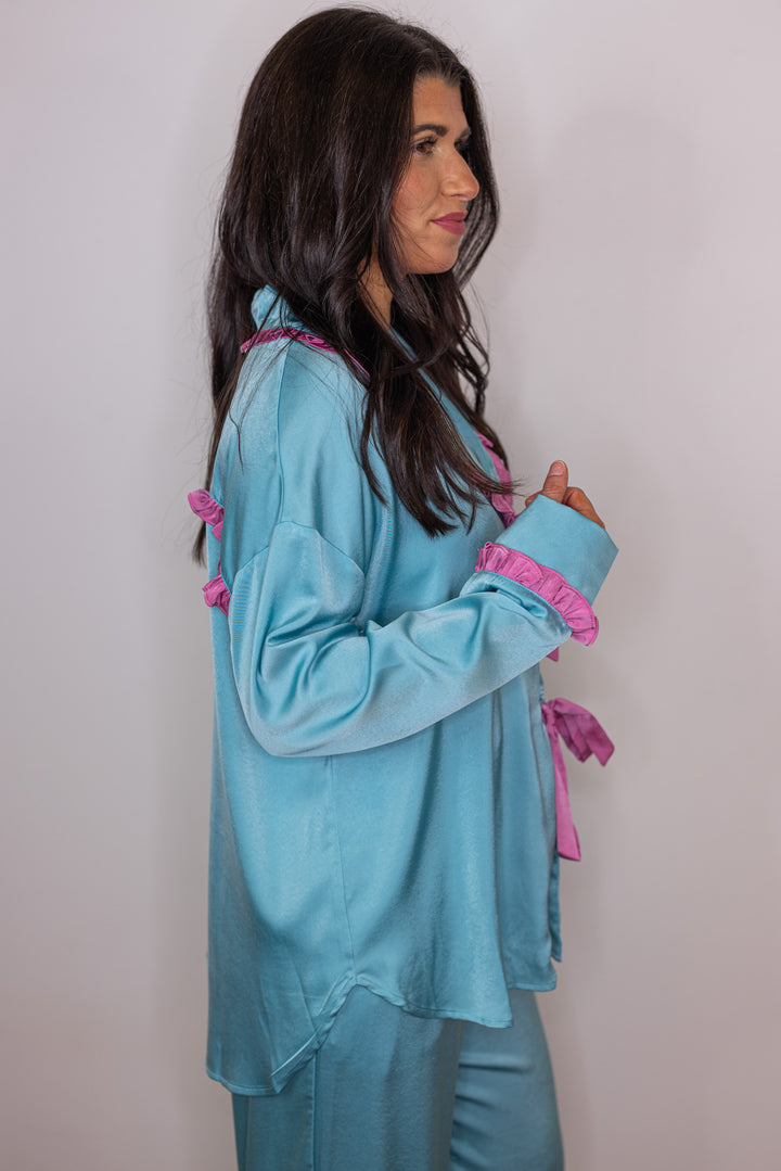 blue pink satin pajama pants set