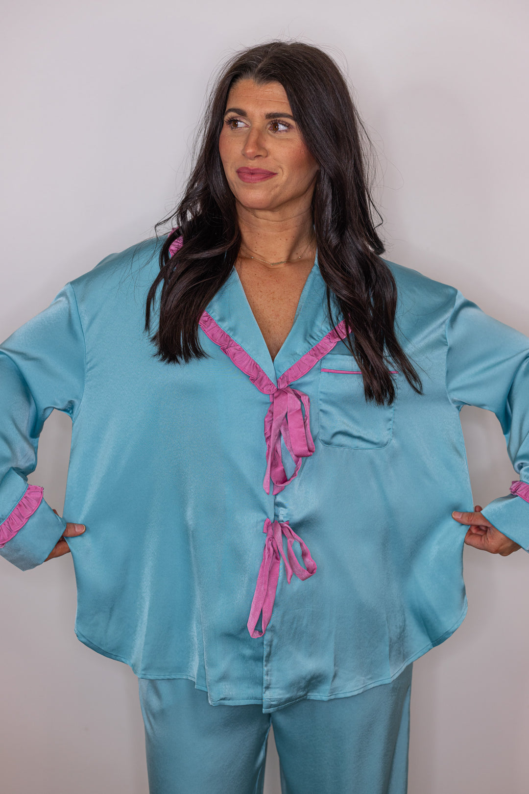 blue pink satin pajama pants set