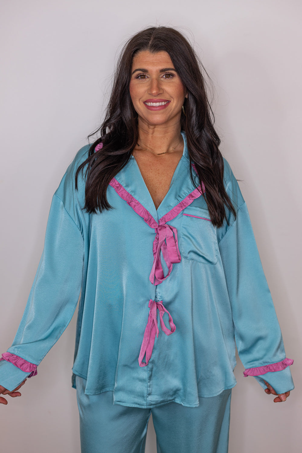 blue pink satin pajama pants set