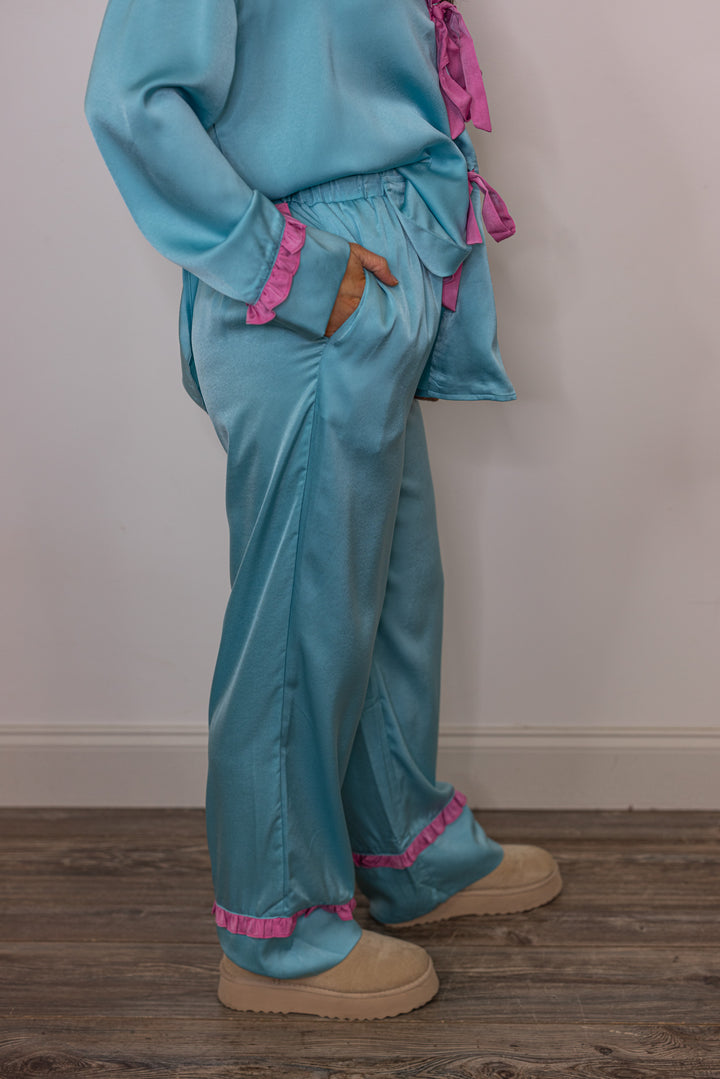 blue pink satin pajama pants set