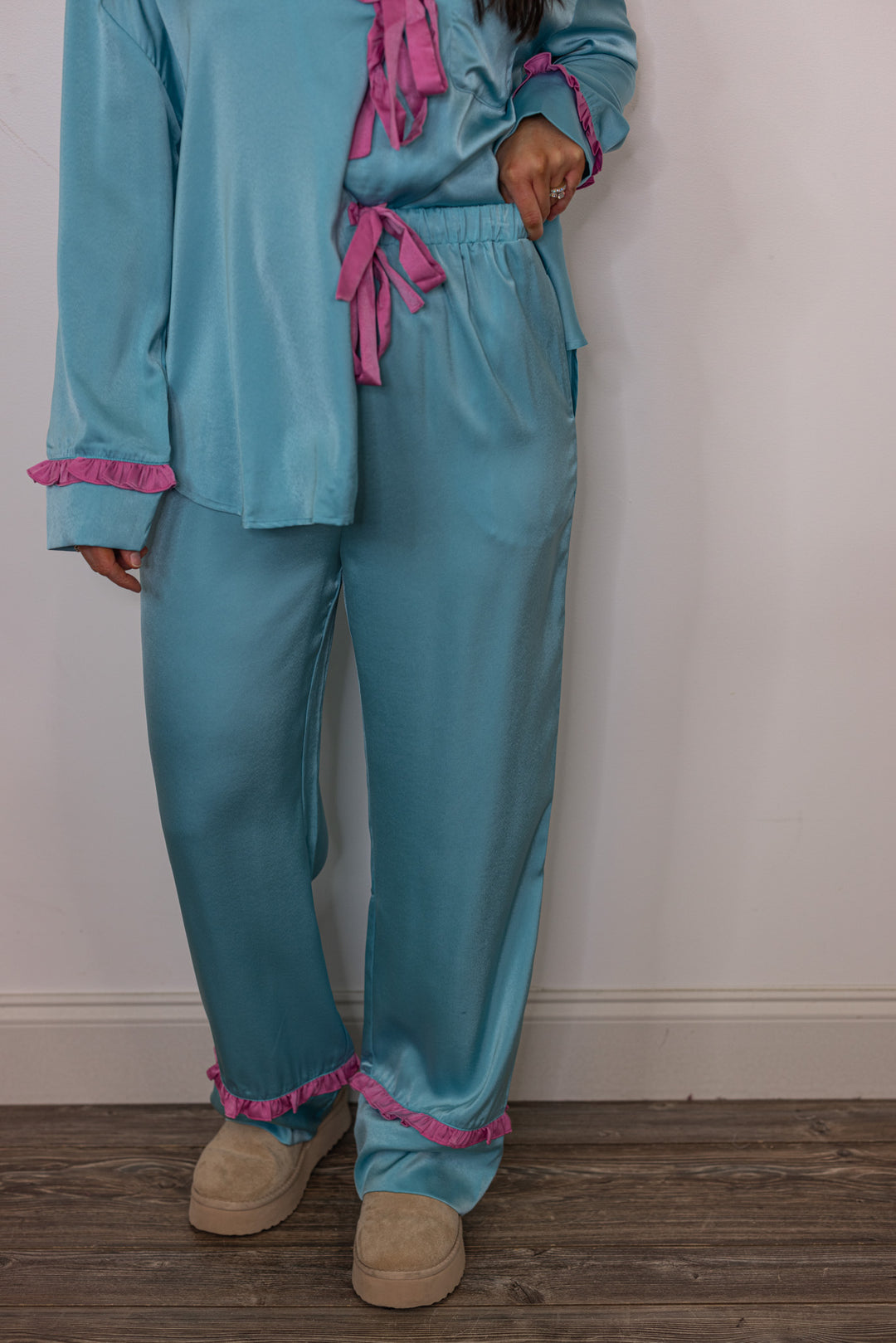 blue pink satin pajama pants set