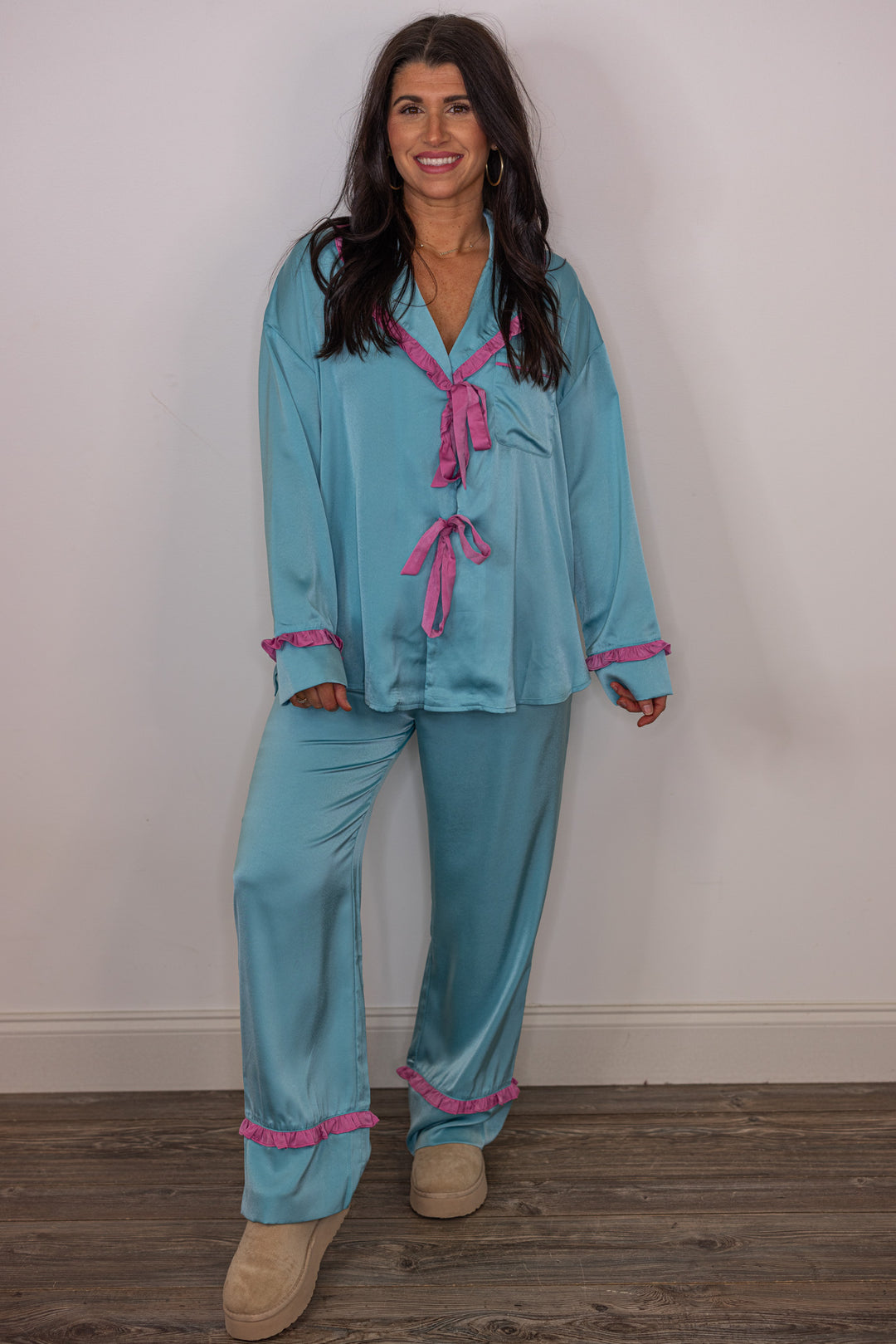 blue pink satin pajama pants set
