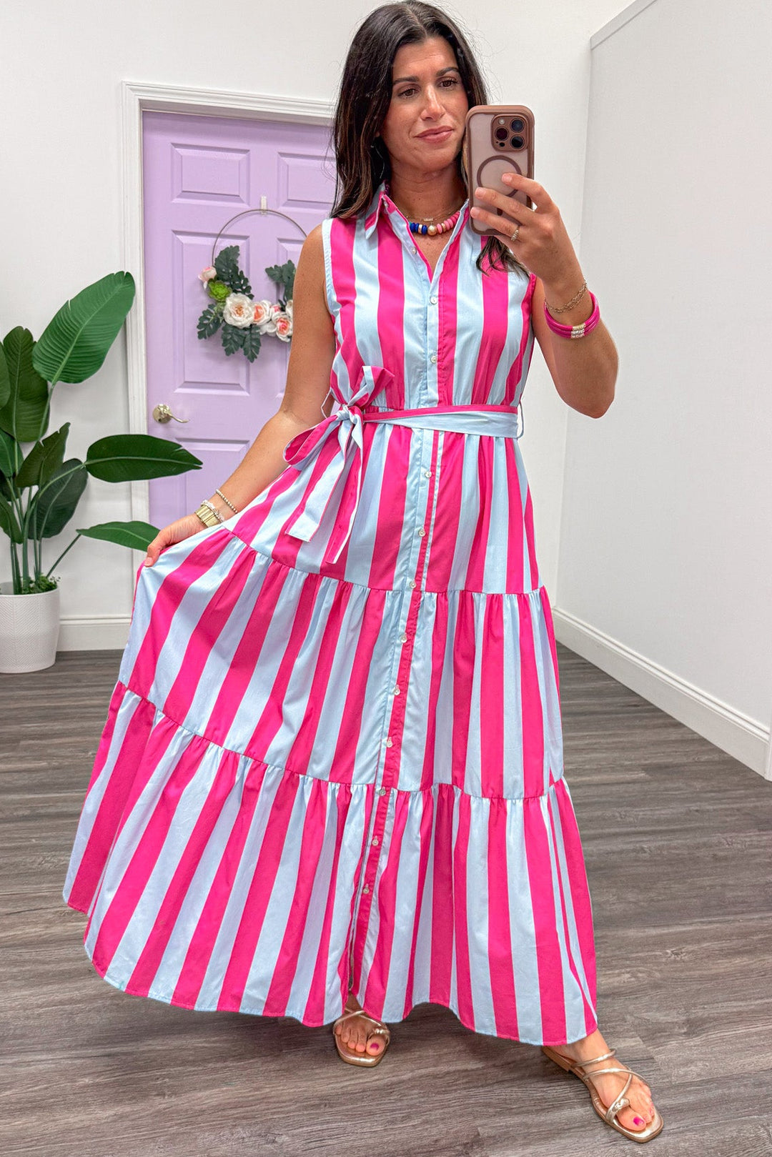 blue and pink striped sleeveless button down belted midi dress with flowy tiered skirt