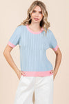 Jodifl Blue braided knit textured short sleeve top with pink trim