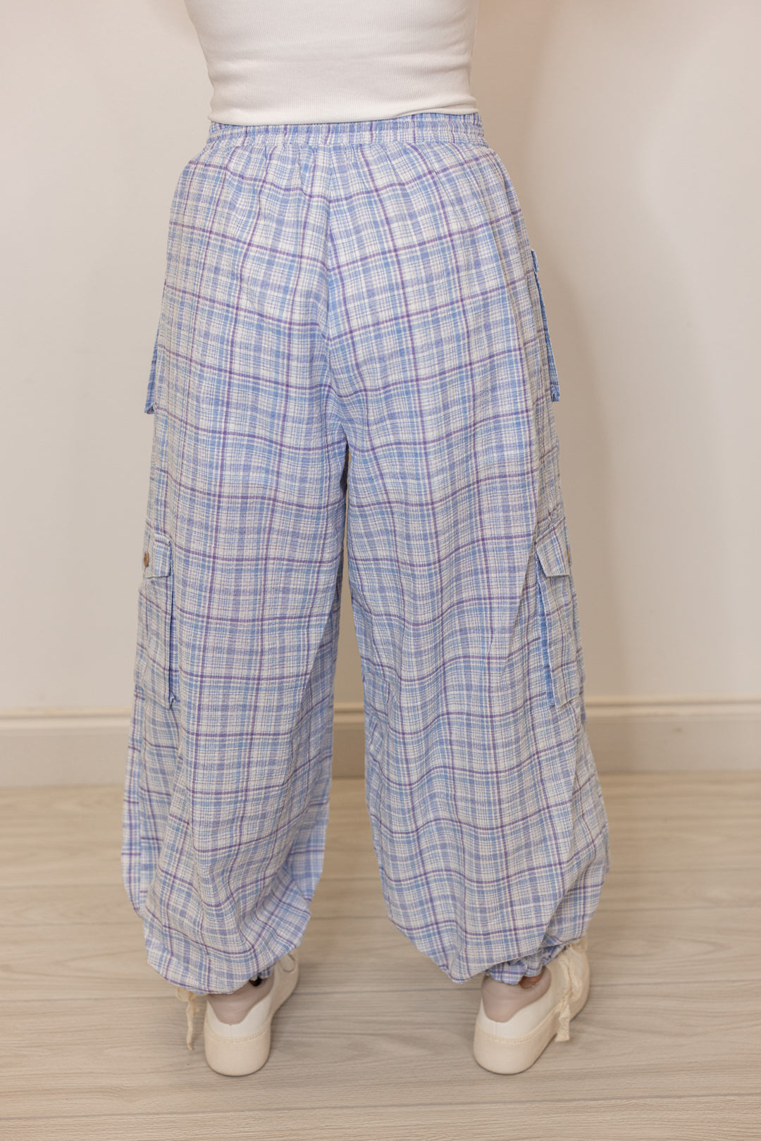 blue plaid balloon jogger pants