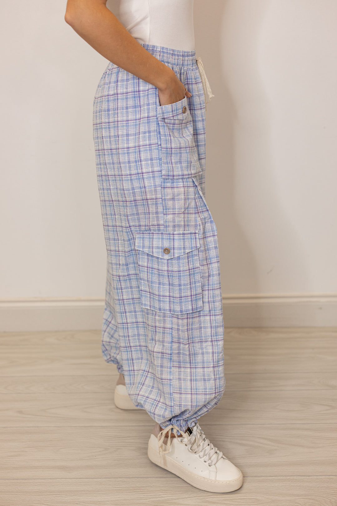blue plaid balloon jogger pants
