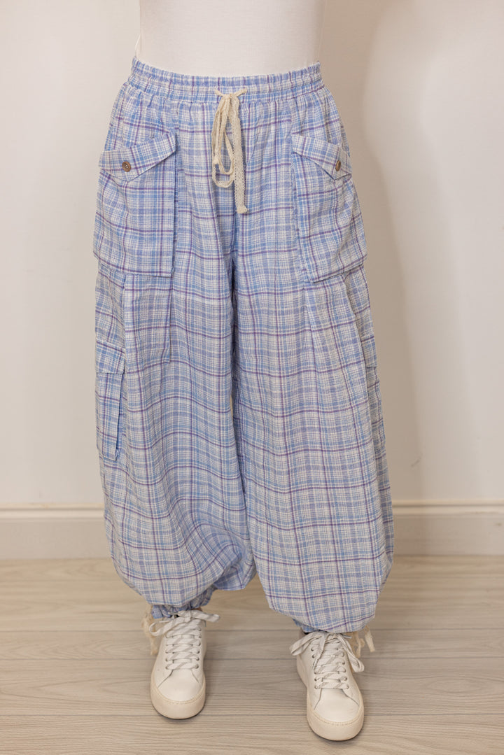 blue plaid balloon jogger pants
