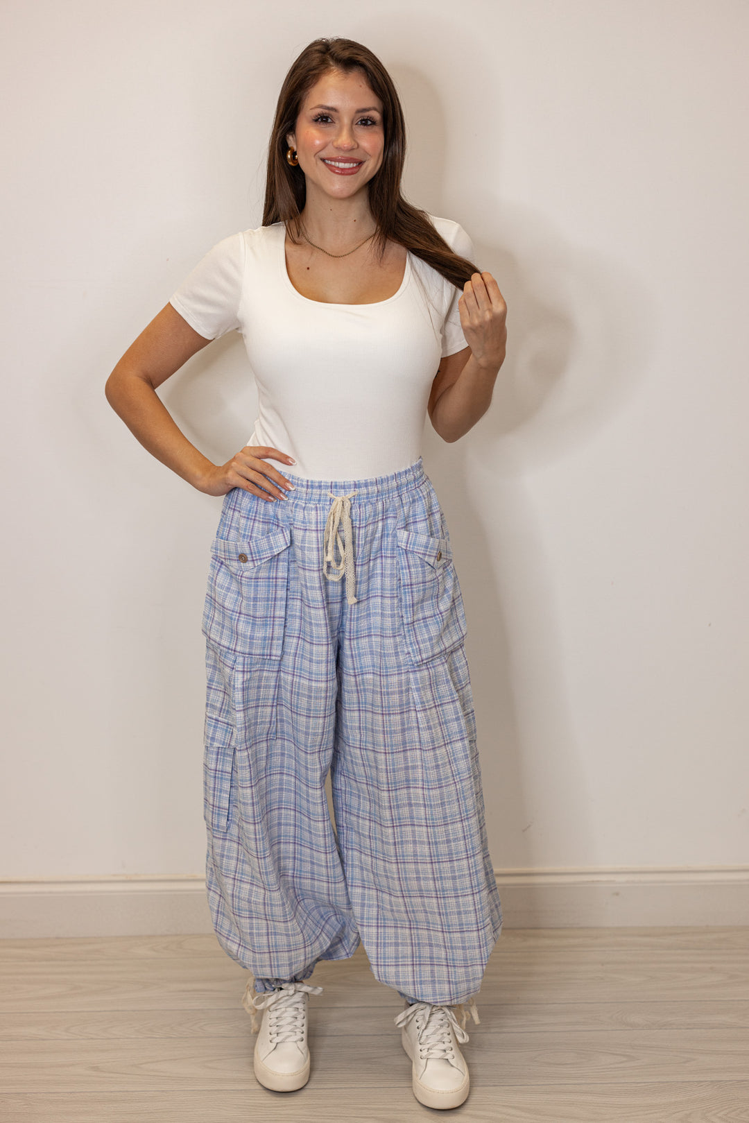 blue plaid balloon jogger pants