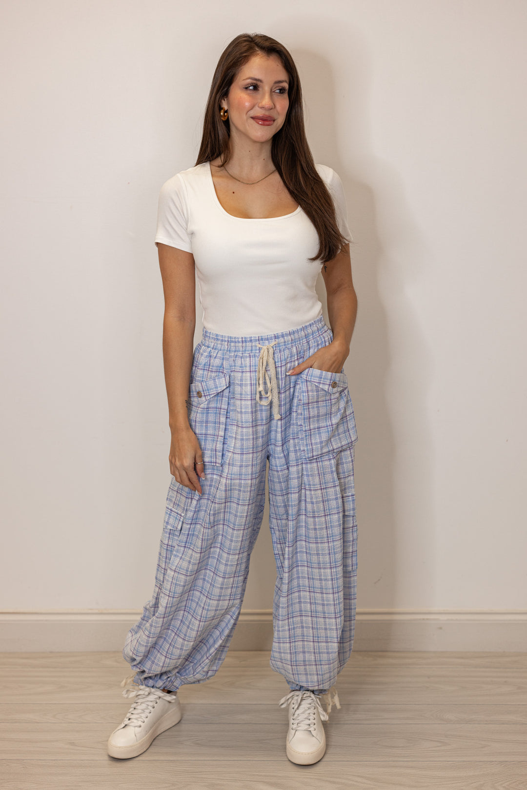 blue plaid balloon jogger pants