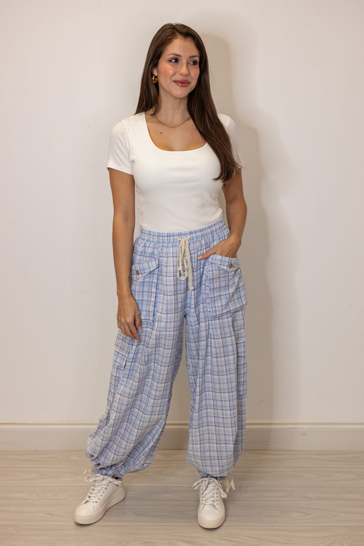 blue plaid balloon jogger pants