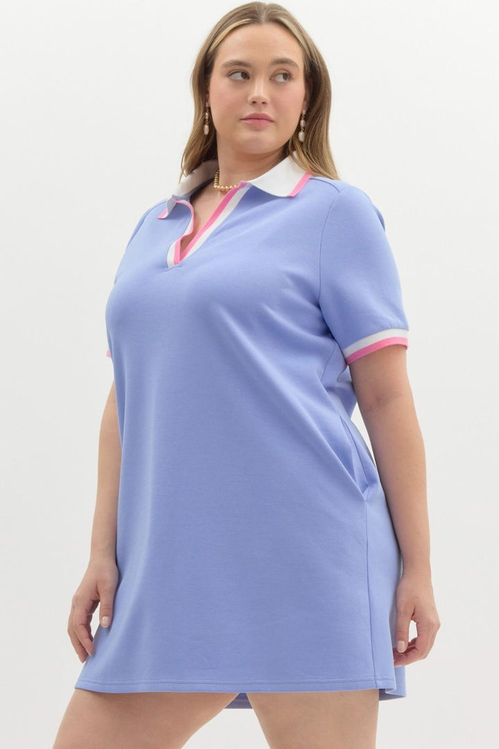 Entro Plus size Blue polo style knit dress with pink and white trim