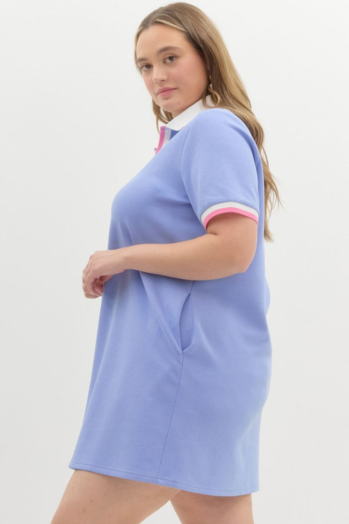 Entro Plus size Blue polo style knit dress with pink and white trim