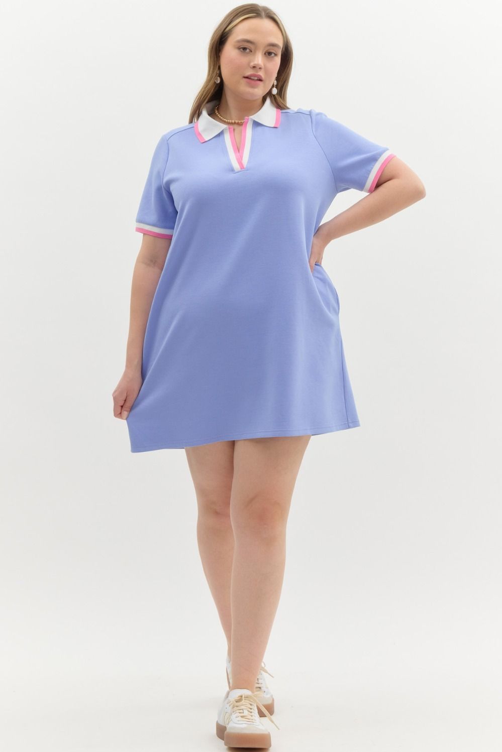 Entro Plus size Blue polo style knit dress with pink and white trim