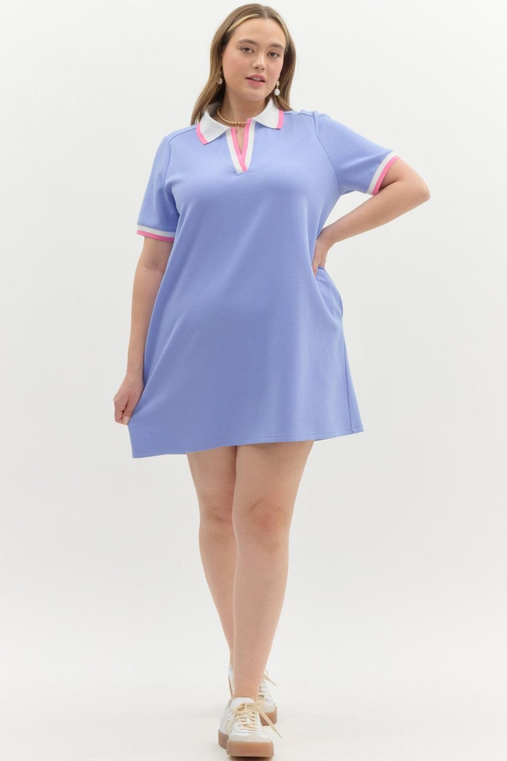 Entro Plus size Blue polo style knit dress with pink and white trim