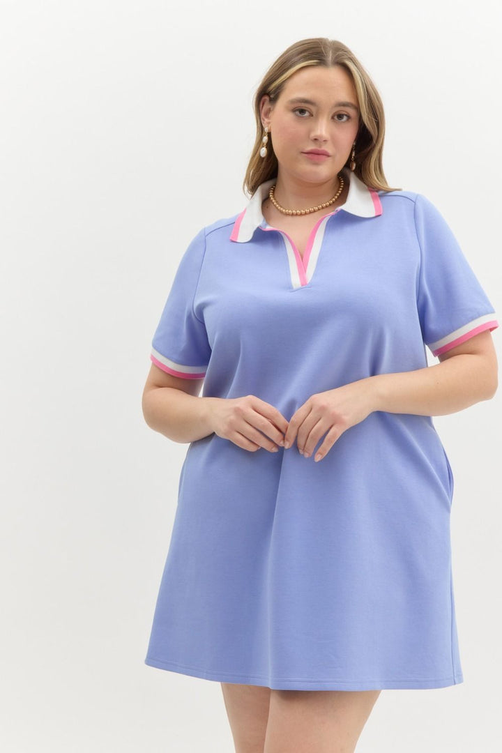Entro Plus size Blue polo style knit dress with pink and white trim