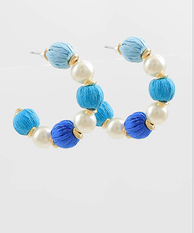 pearl raffia blue earrings hoop