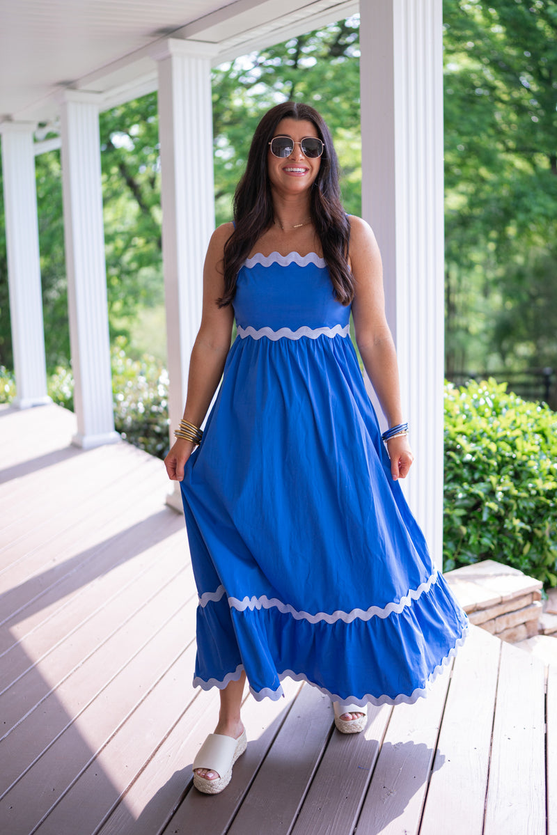 blue scalloped ric rac maxi dress