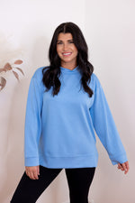 blue scuba knit mock neck pullover top