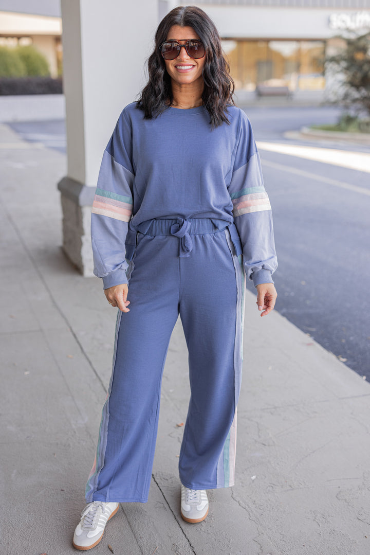 Women's knit top and matching pants set in blue denim shade with stripe trim details by Very J
