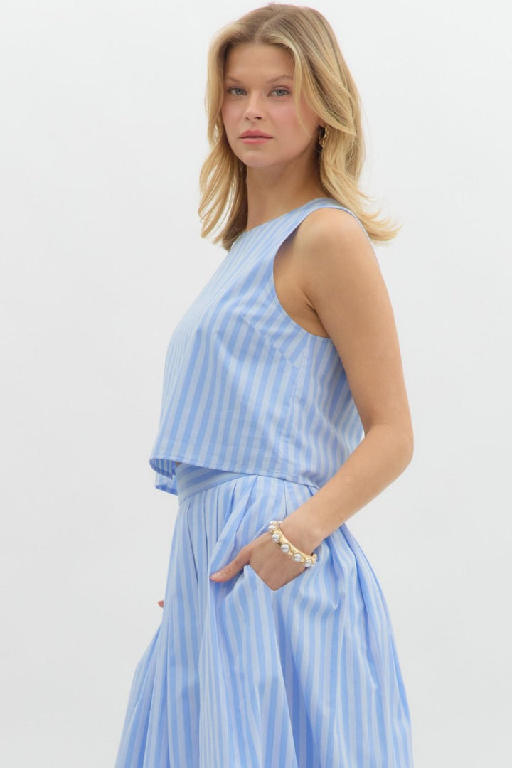 Entro Blue and light blue striped sleeveless top with button closure down the back