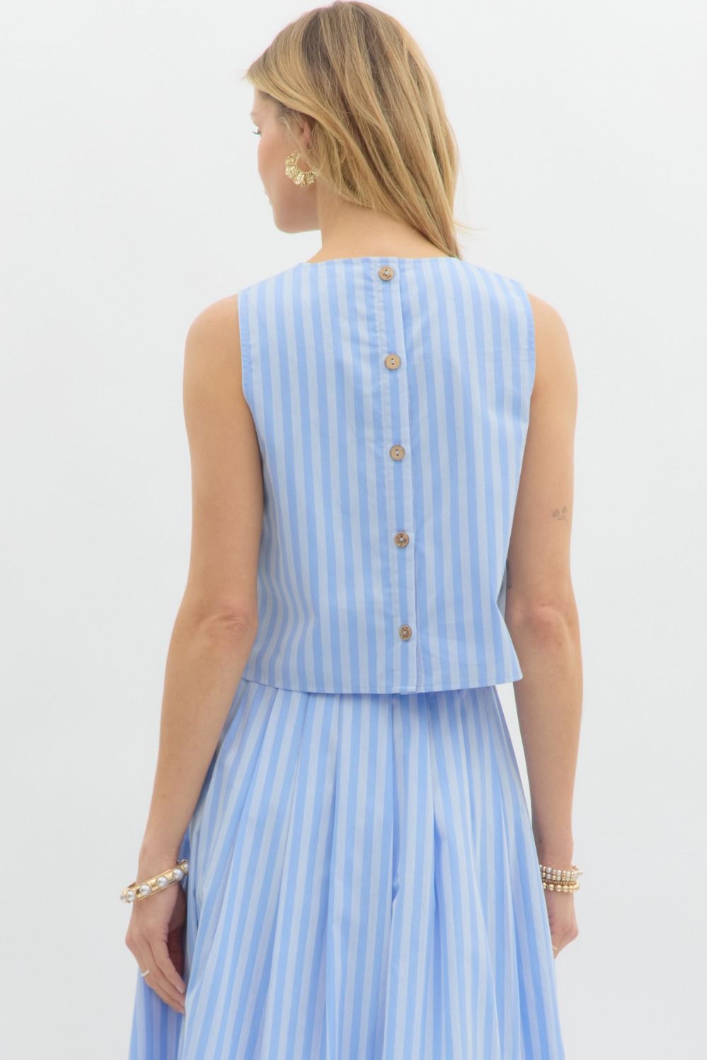 Entro Blue and light blue striped sleeveless top with button closure down the back