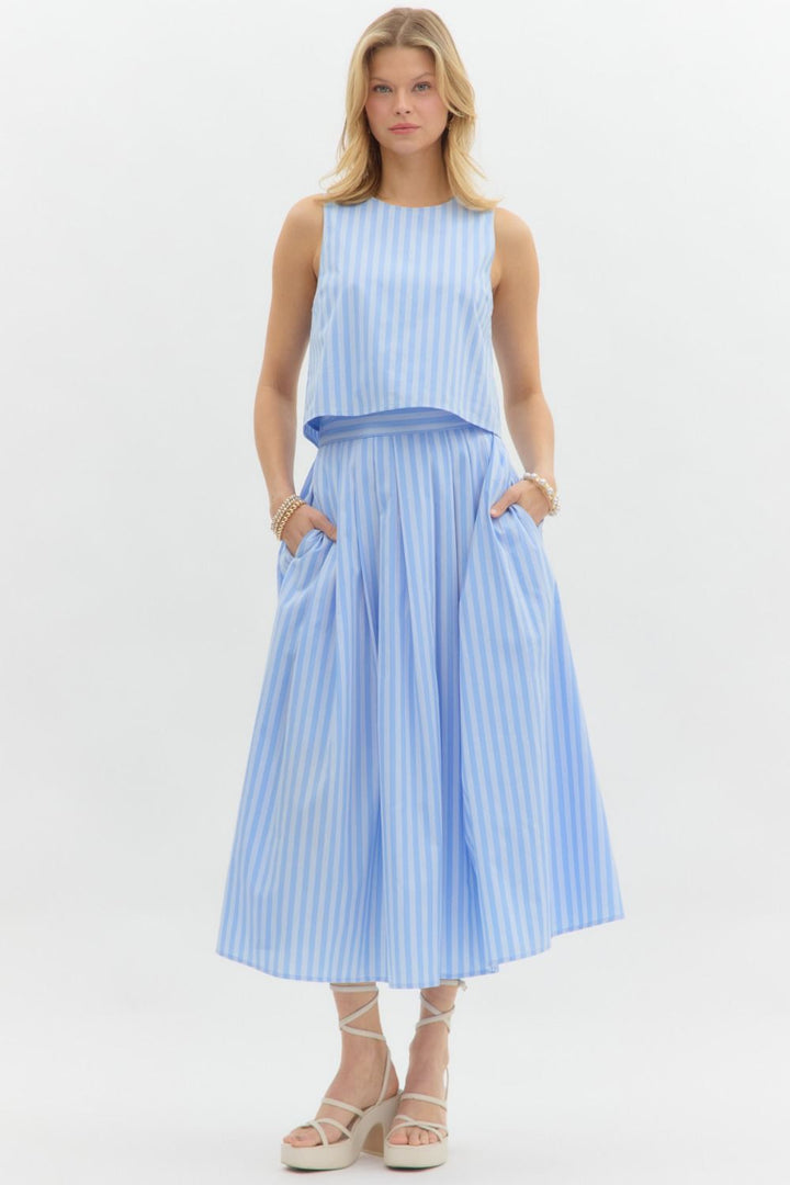 Entro Blue and light blue striped sleeveless top with button closure down the back