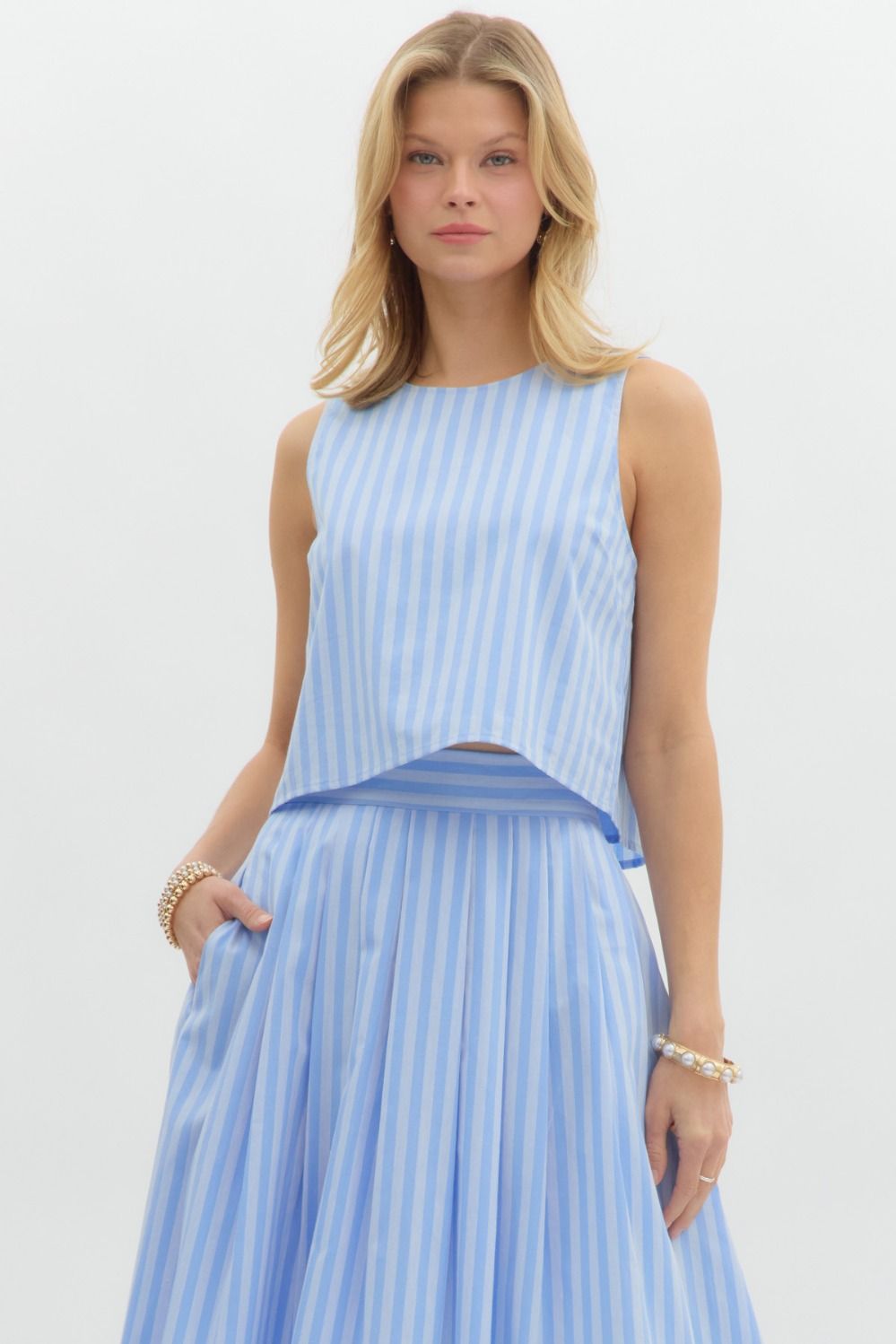 Entro Blue and light blue striped sleeveless top with button closure down the back