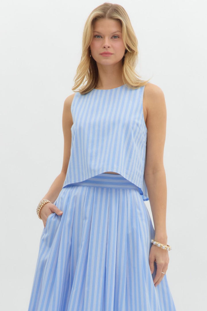 Entro Blue and light blue striped sleeveless top with button closure down the back