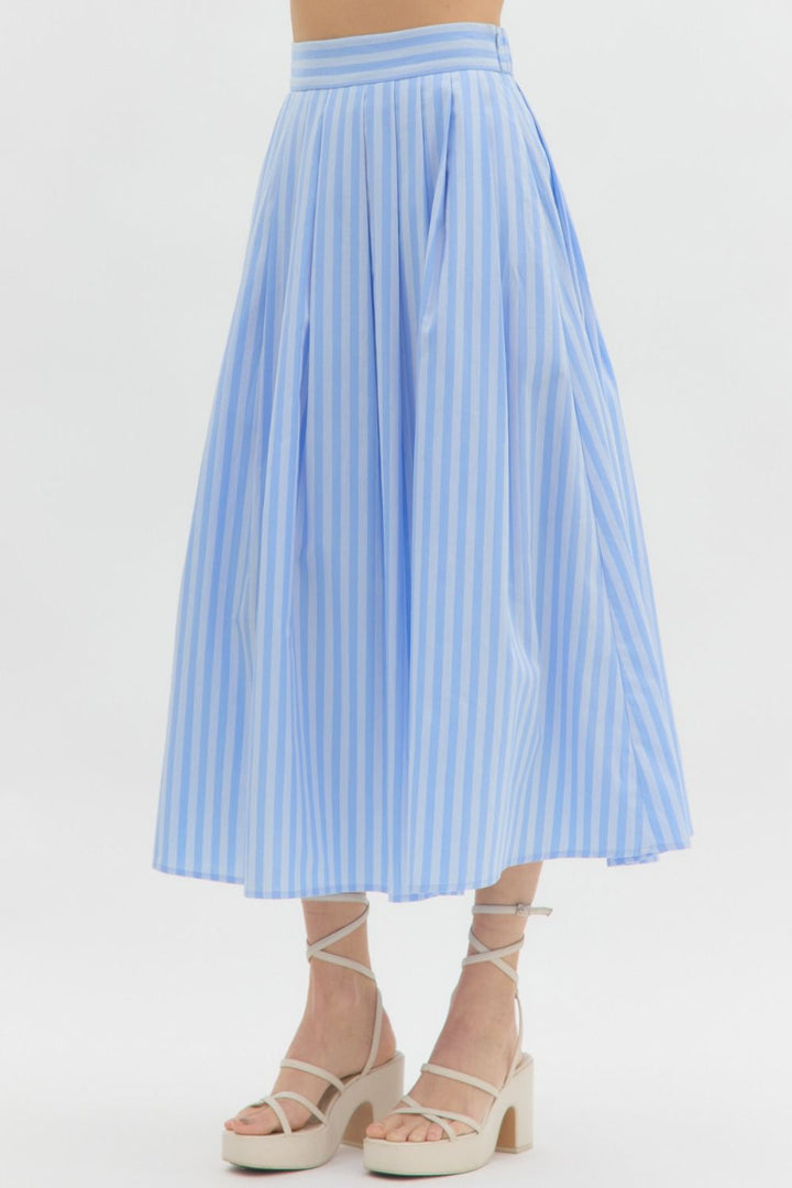 Entro Blue and light blue striped pleated midi skirt