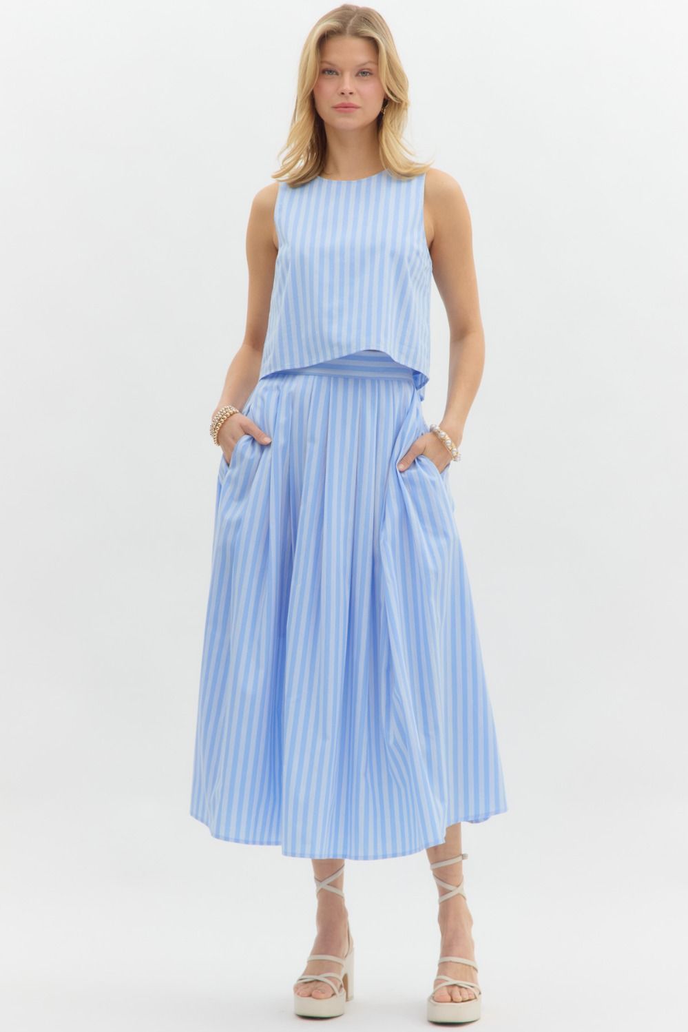 Entro Blue and light blue striped pleated midi skirt