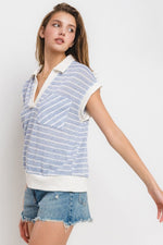 Ces Femme & Time After Time Blue and ivory striped top with collar in textured knit