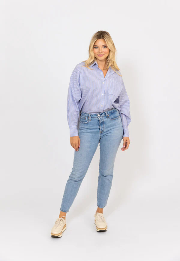 Karlie Blue and off white striped button down top