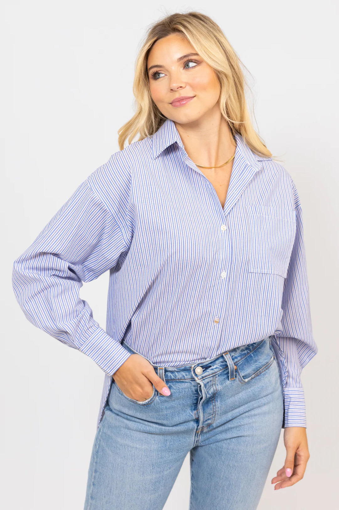 Karlie Blue and off white striped button down top