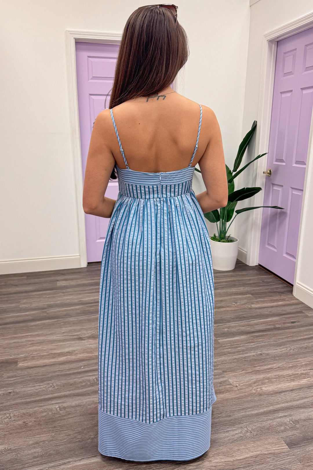 light and dark blue striped empire waist maxi dress zipper closure