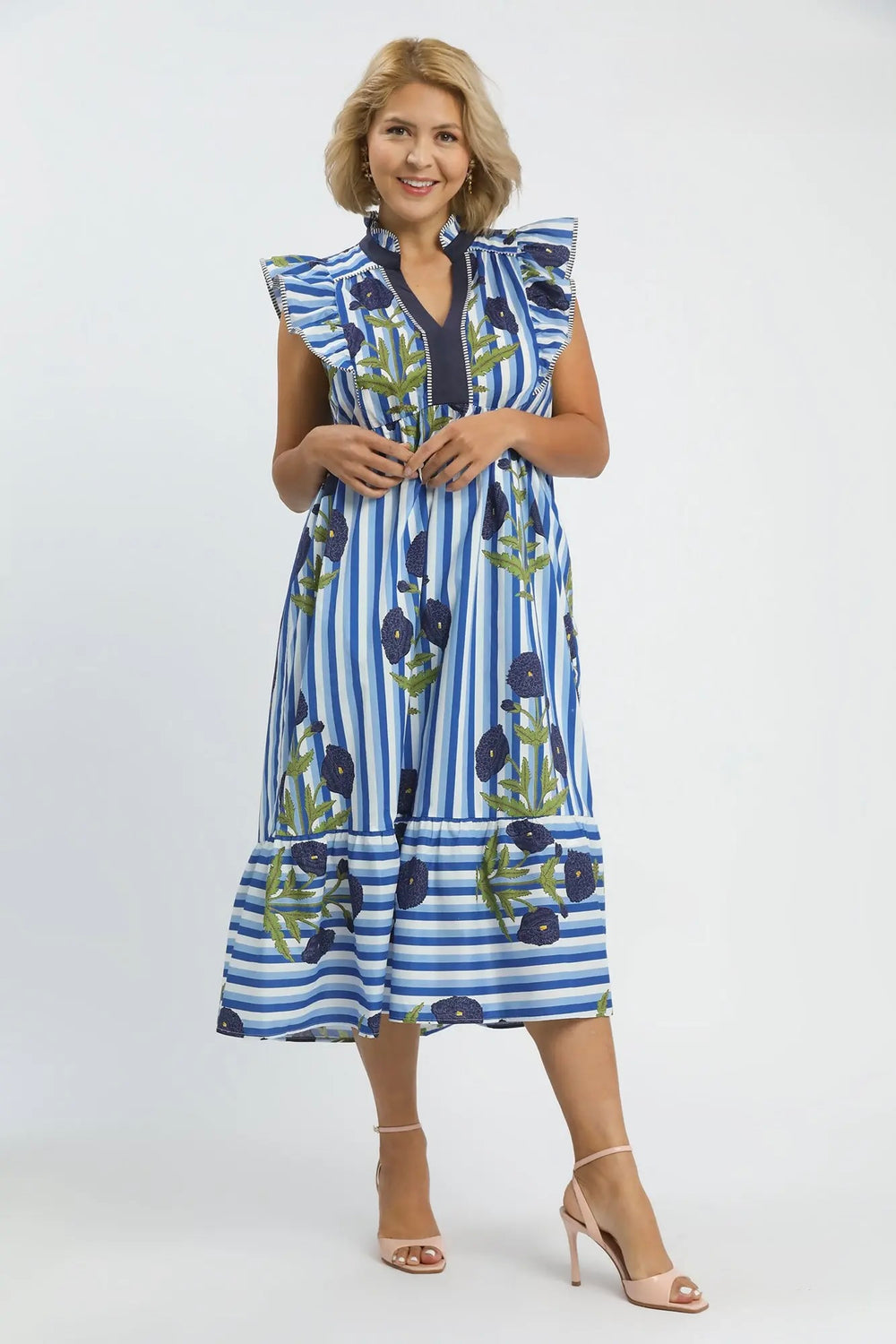 Women's Umgee blue and white striped midi dress with navy and green florals in plus size showing full front view