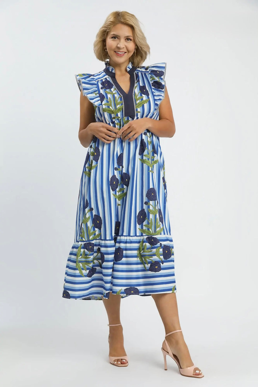 Women's Umgee blue and white striped midi dress with navy and green florals in plus size showing full front view