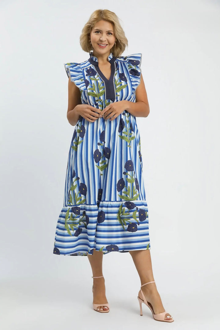 Women's Umgee blue and white striped midi dress with navy and green florals in plus size showing full front view