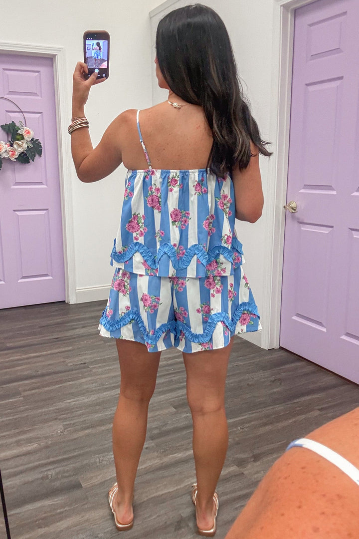 beachy blue and white striped with pink floral print top and shorts matching cotton set