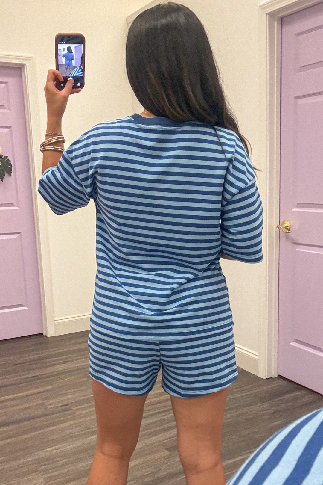 light blue and royal blue striped top and shorts matching athleisure loungewear set