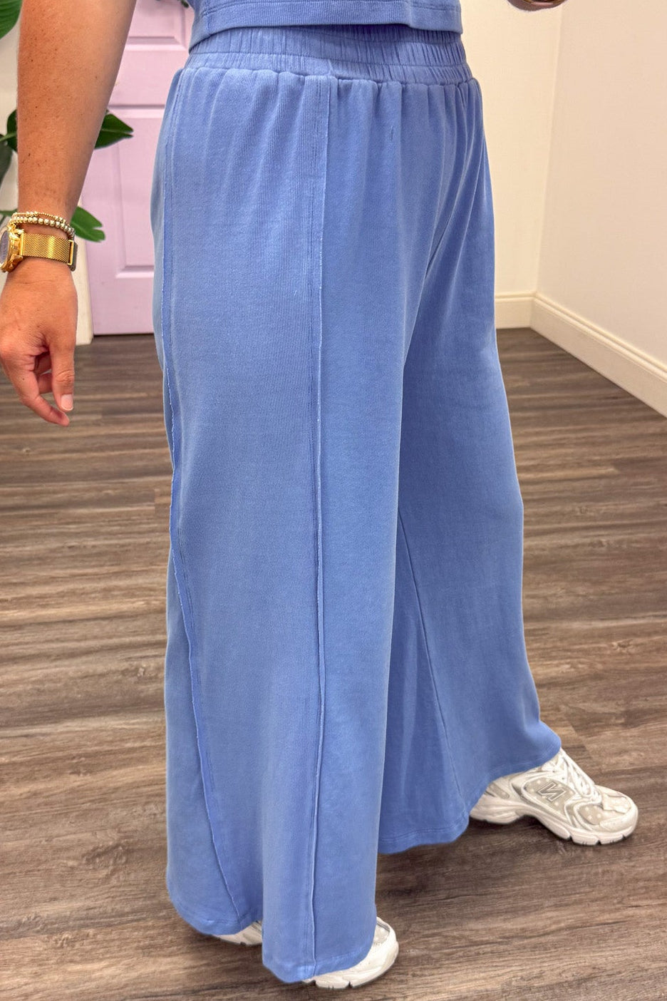 solid cornflower blue tank top and reverse seam palazzo pants matching knit loungewear set