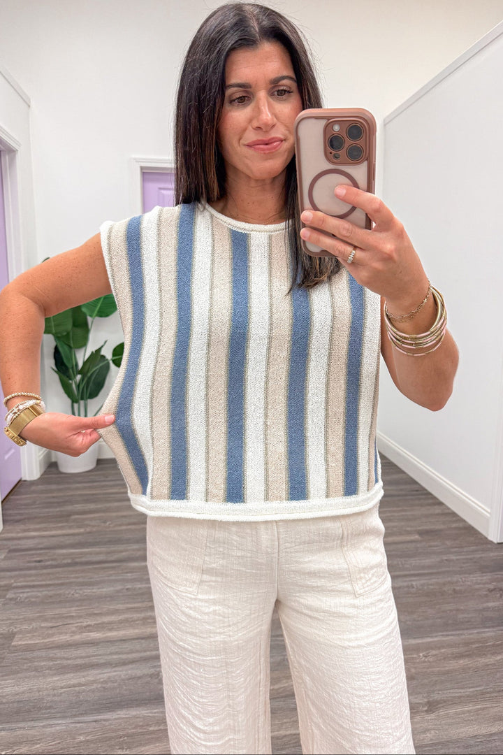 blue taupe and cream vertical striped short sleeve relaxed silhouette lightweight knit top