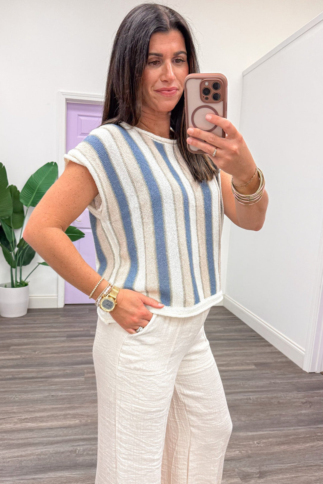 blue taupe and cream vertical striped short sleeve rolled hem lightweight knit top