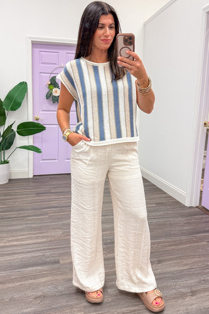 blue taupe and cream vertical striped short sleeve crew neckline lightweight knit top