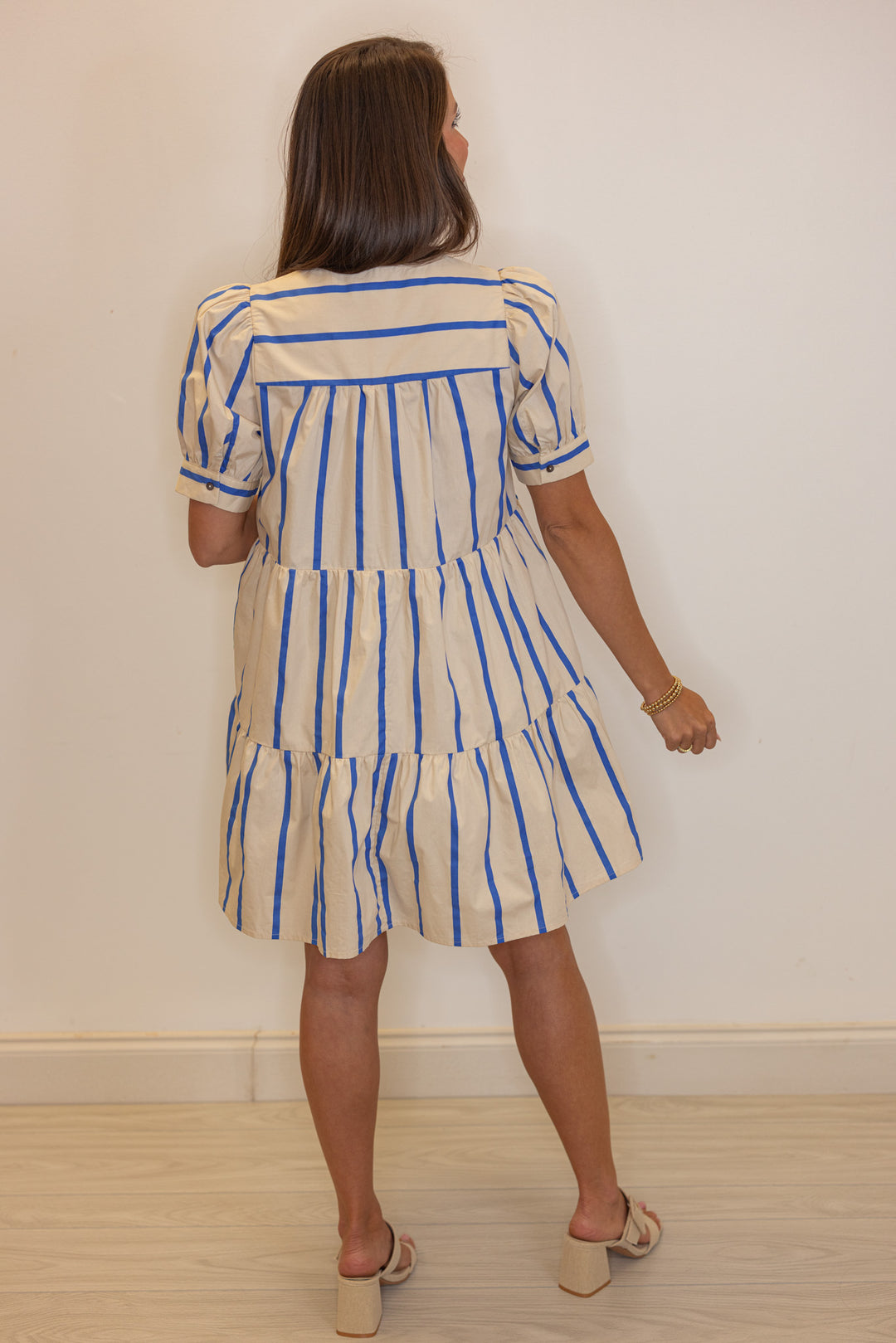blue taupe stripe babydoll dress