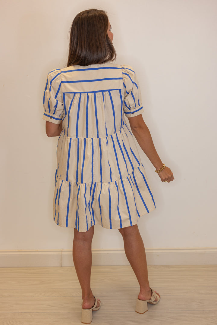 blue taupe stripe babydoll dress