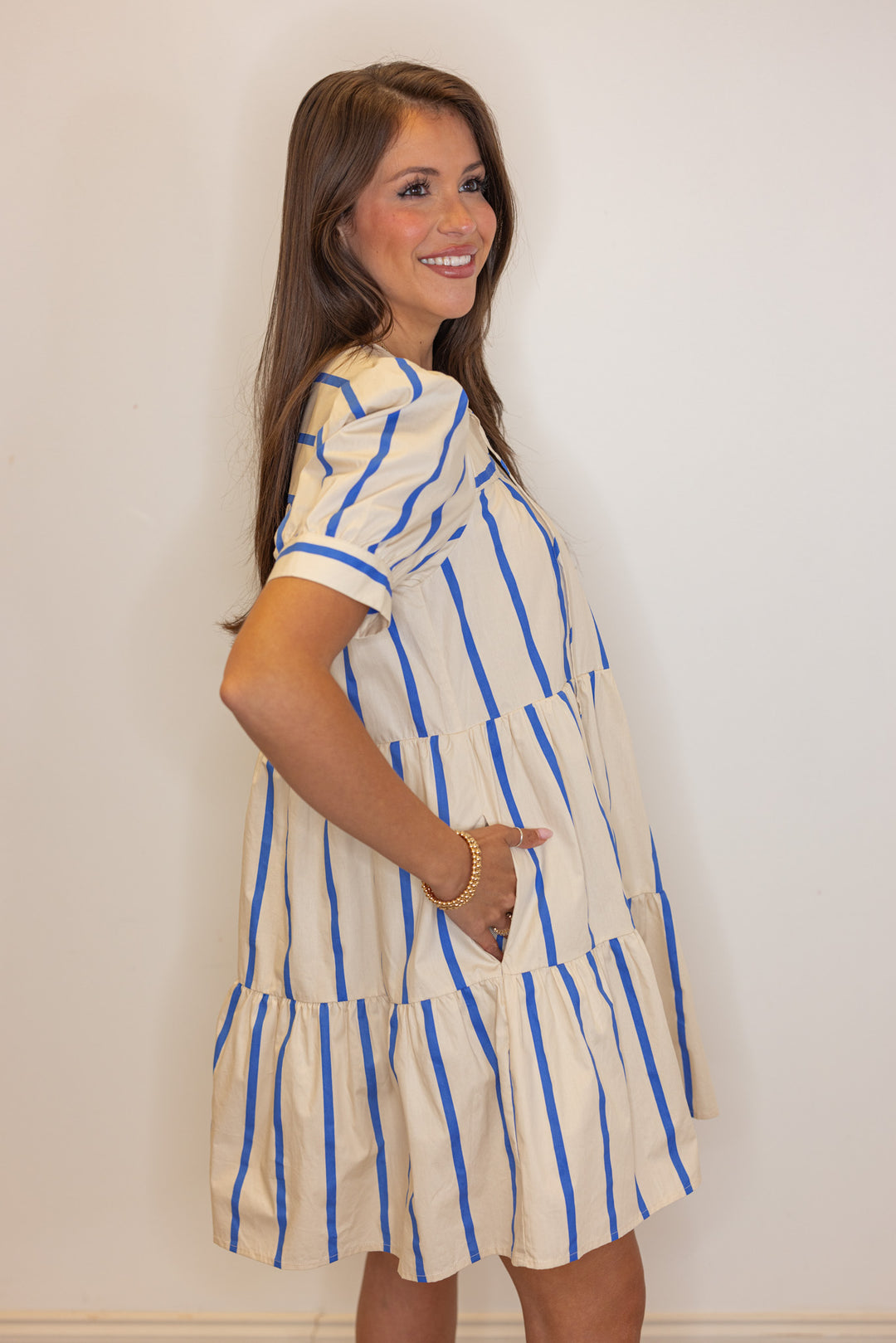 blue taupe stripe babydoll dress