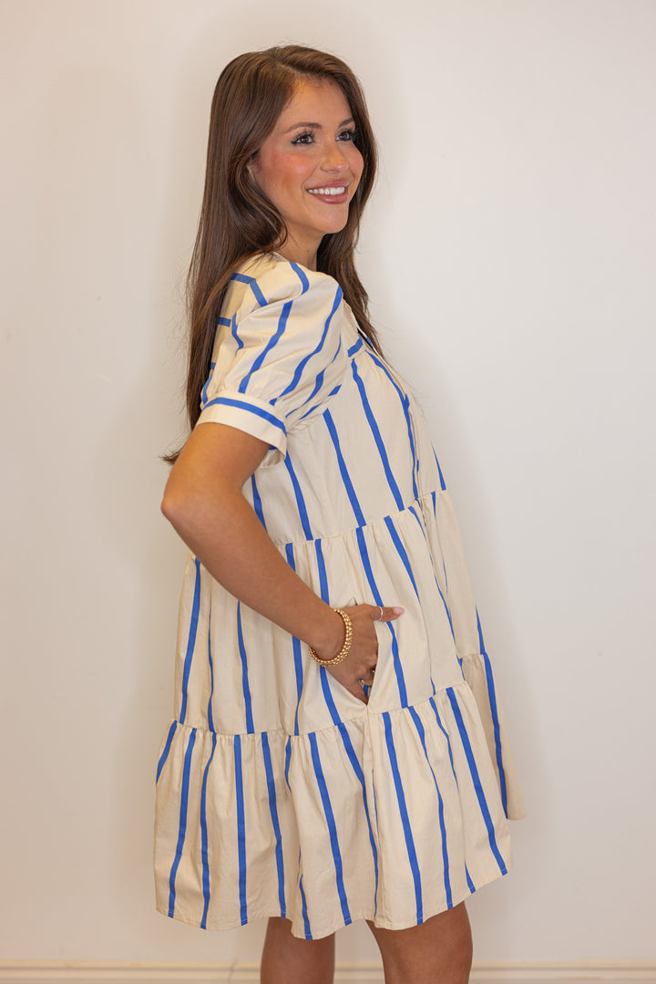 blue taupe stripe babydoll dress