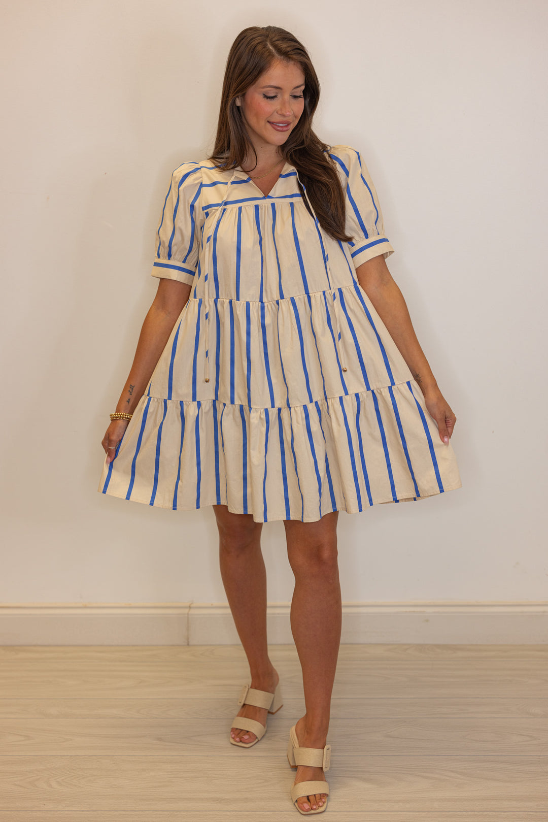 blue taupe stripe babydoll dress