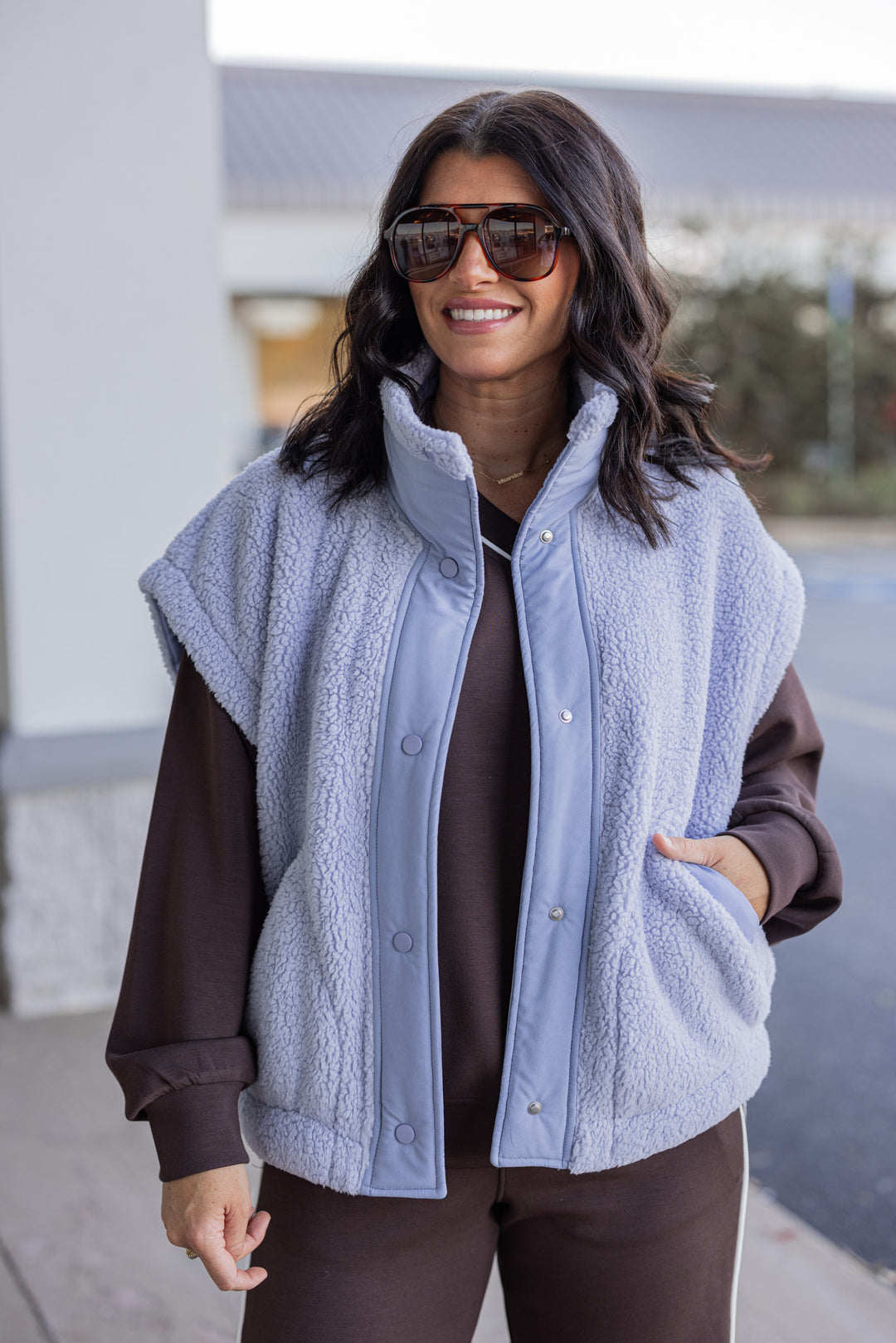 Women's light blue sherpa vest by Rae Mode