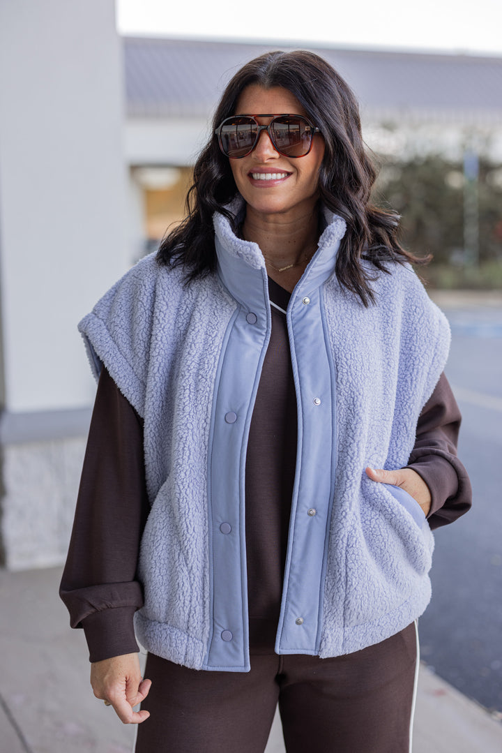 Women's light blue sherpa vest by Rae Mode